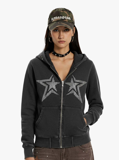 Vintage Washed Symmetrical Star Rhinestone Zip-Up Hoodie