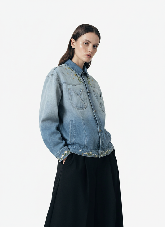 Denim Gradient-Dyed Floral Embroidered Jacket