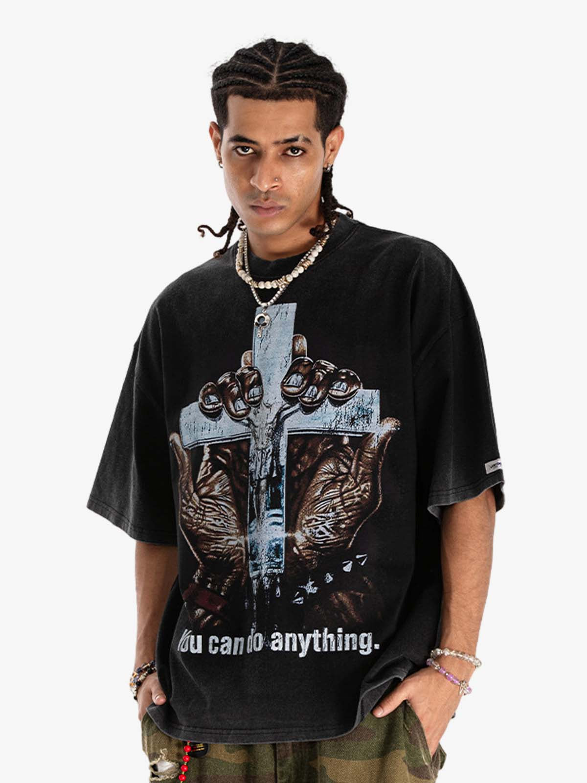 300G Jade Pattern Dyeing Cotton Oversized T-Shirt with Cross Hand Graphic Print?