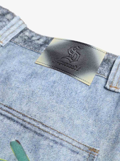 Denim Wide Leg Jeans with Dalmatian Print and Studs, Distressed Design for Streetwear Fashion?