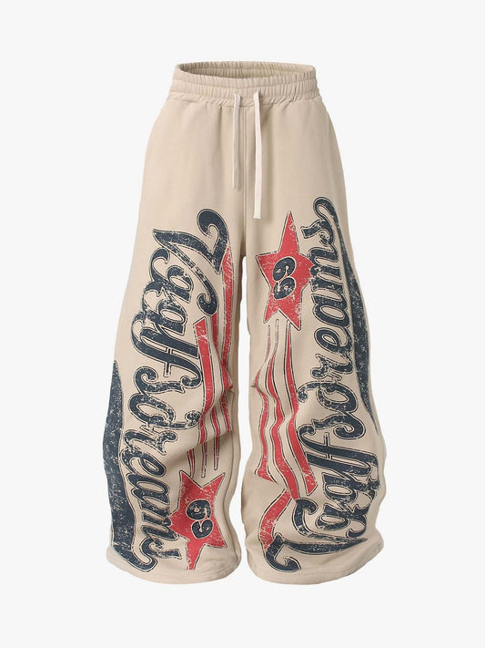 Vintage Color-Blocked Letter Print Fleece-Lined Sweatpants