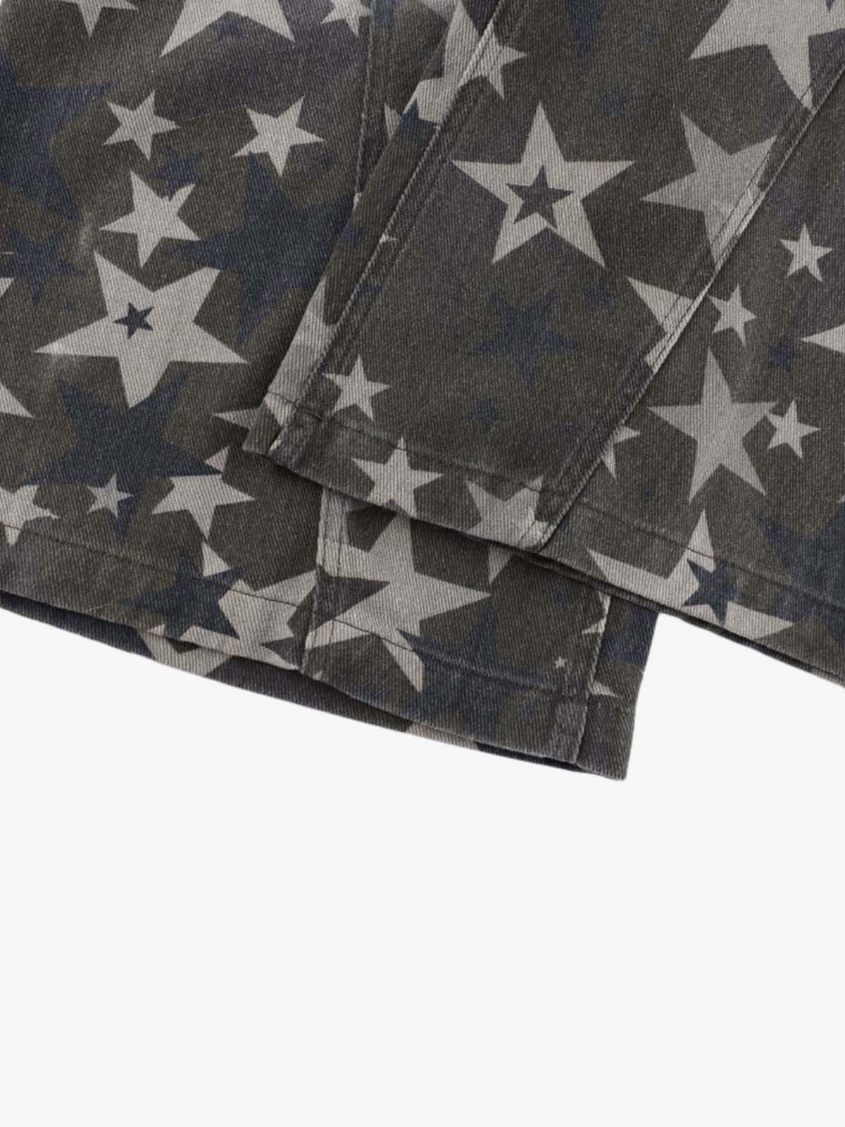 Denim Star Print Wide Leg Pants with Elastic Cuff for Casual Streetwear 