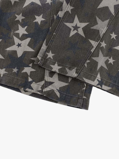 Denim Star Print Wide Leg Pants with Elastic Cuff for Casual Streetwear 