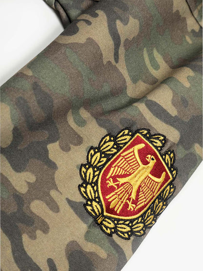 Camouflage Hooded Jacket with Embroidered Details and Striped Sleeves 