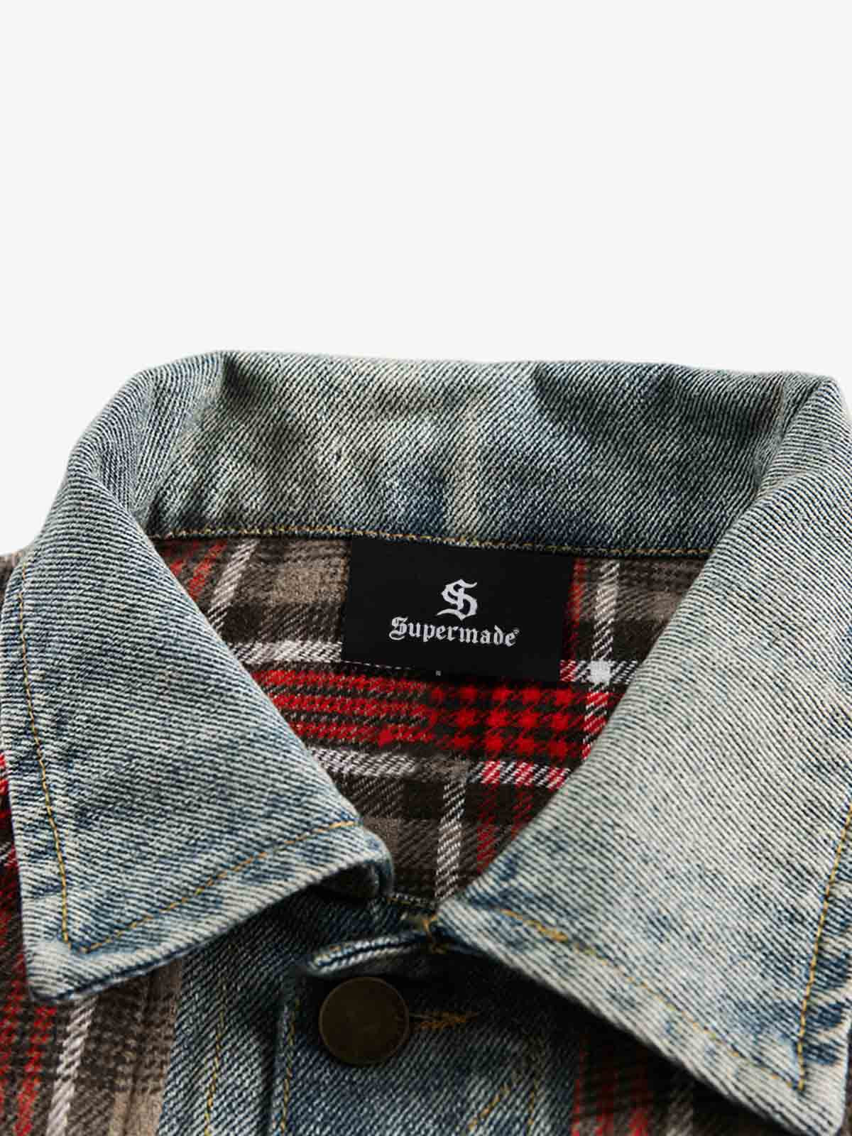 Vintage Plaid Patchwork Denim Panel Shirt 