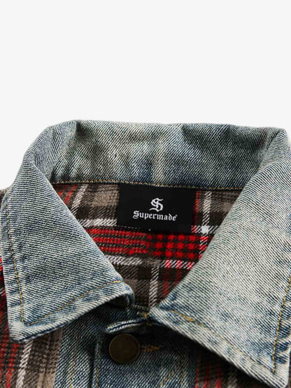 Vintage Plaid Patchwork Denim Panel Shirt 