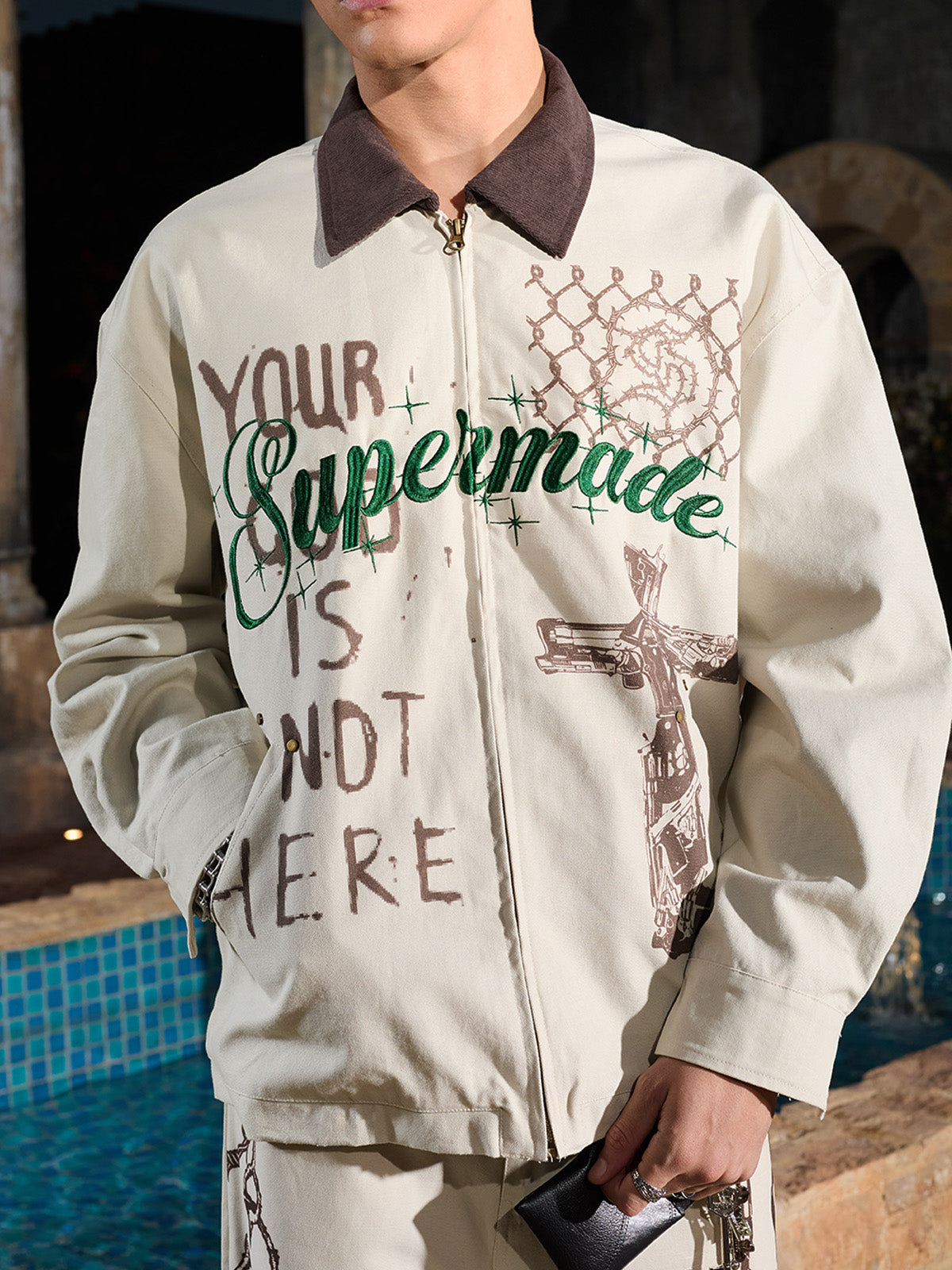 Supermade “Your God Is Not Here” Slogan Print Color-Blocked Embroidered Retro Canvas Set 