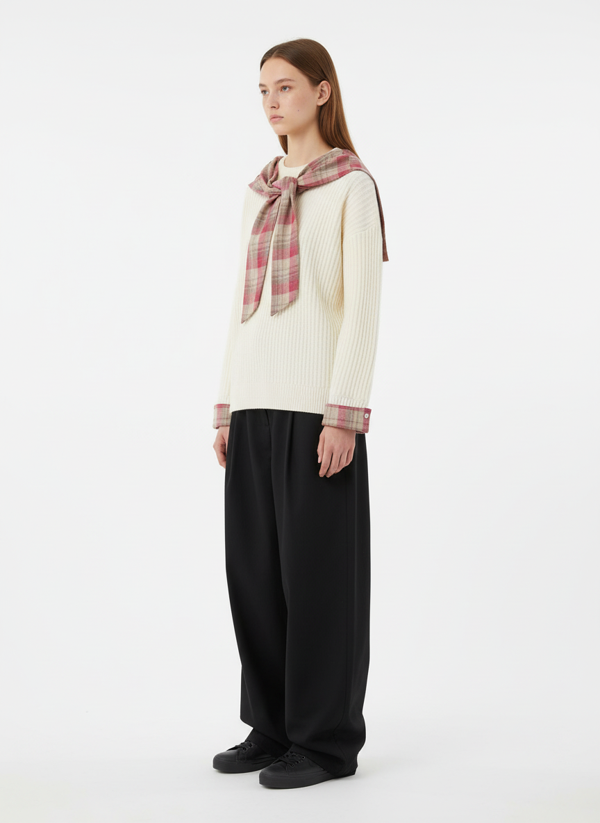 Plaid Scarf Patchwork Contrast Knit Sweater