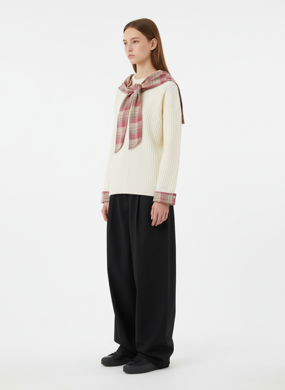 Plaid Scarf Patchwork Contrast Knit Sweater