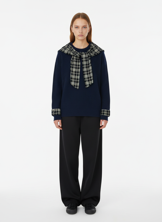 Plaid Scarf Patchwork Contrast Knit Sweater
