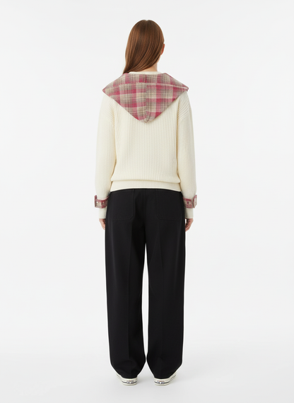 Plaid Scarf Patchwork Contrast Knit Sweater