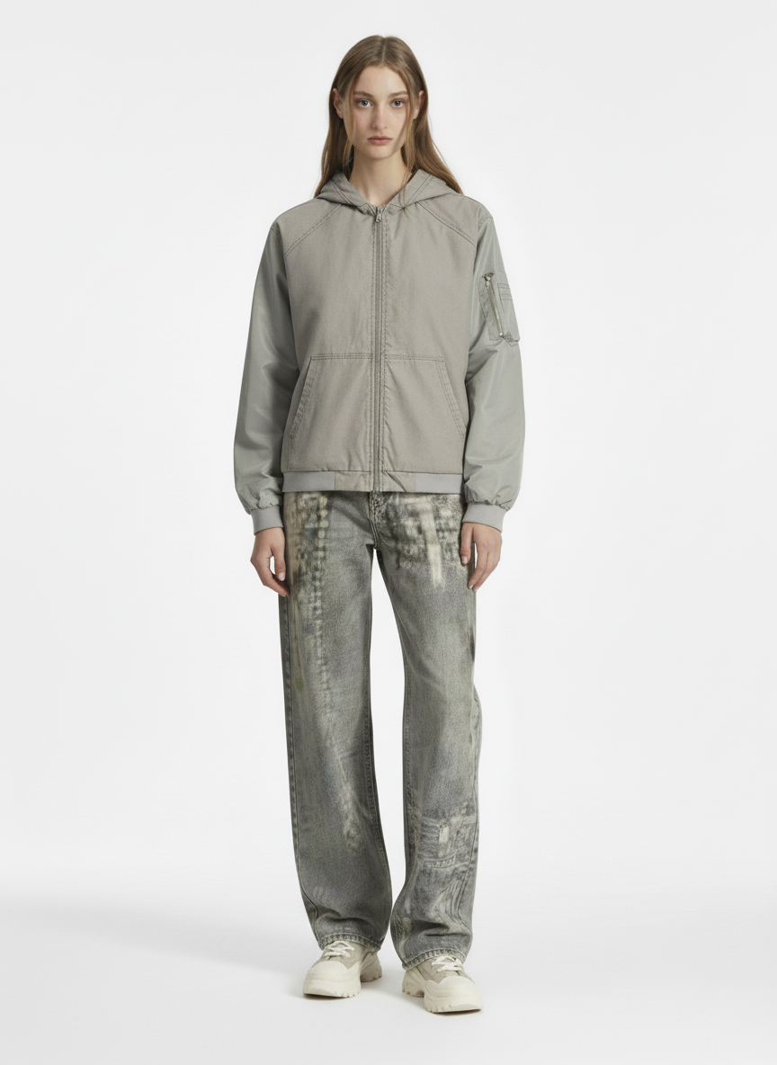 Vintage Washed Pleated Patchwork Hooded Bomber Jacket