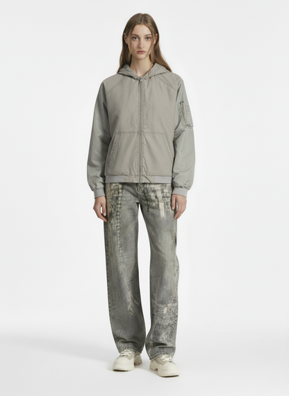 Vintage Washed Pleated Patchwork Hooded Bomber Jacket