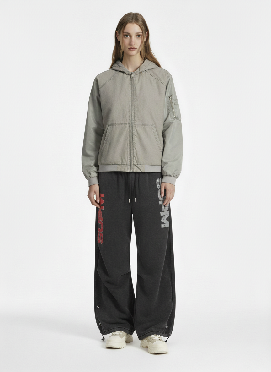 Vintage Washed Pleated Patchwork Hooded Bomber Jacket