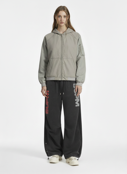 Vintage Washed Pleated Patchwork Hooded Bomber Jacket