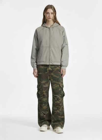 Vintage Washed Pleated Patchwork Hooded Bomber Jacket