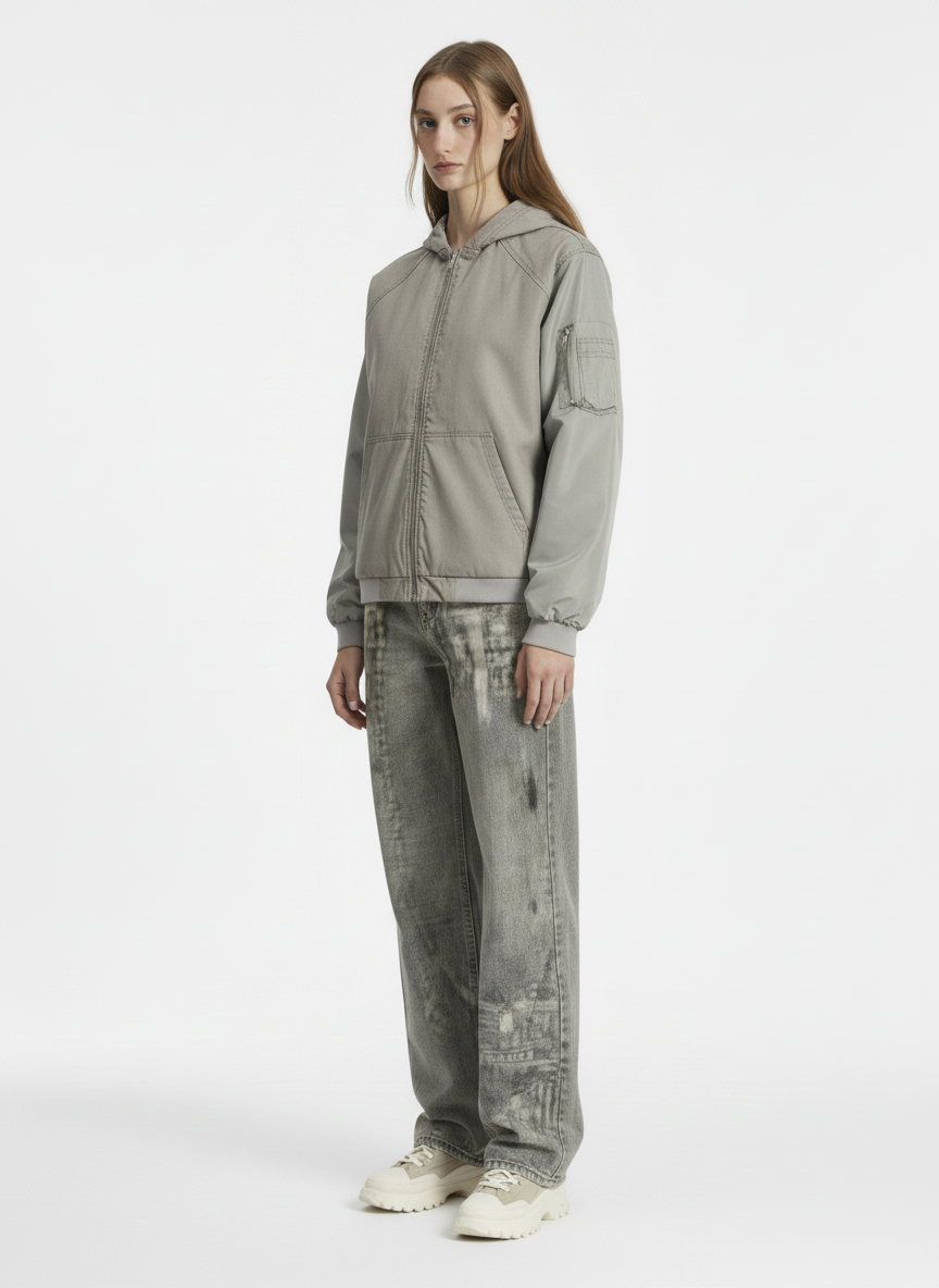 Vintage Washed Pleated Patchwork Hooded Bomber Jacket