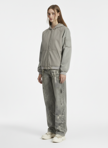 Vintage Washed Pleated Patchwork Hooded Bomber Jacket