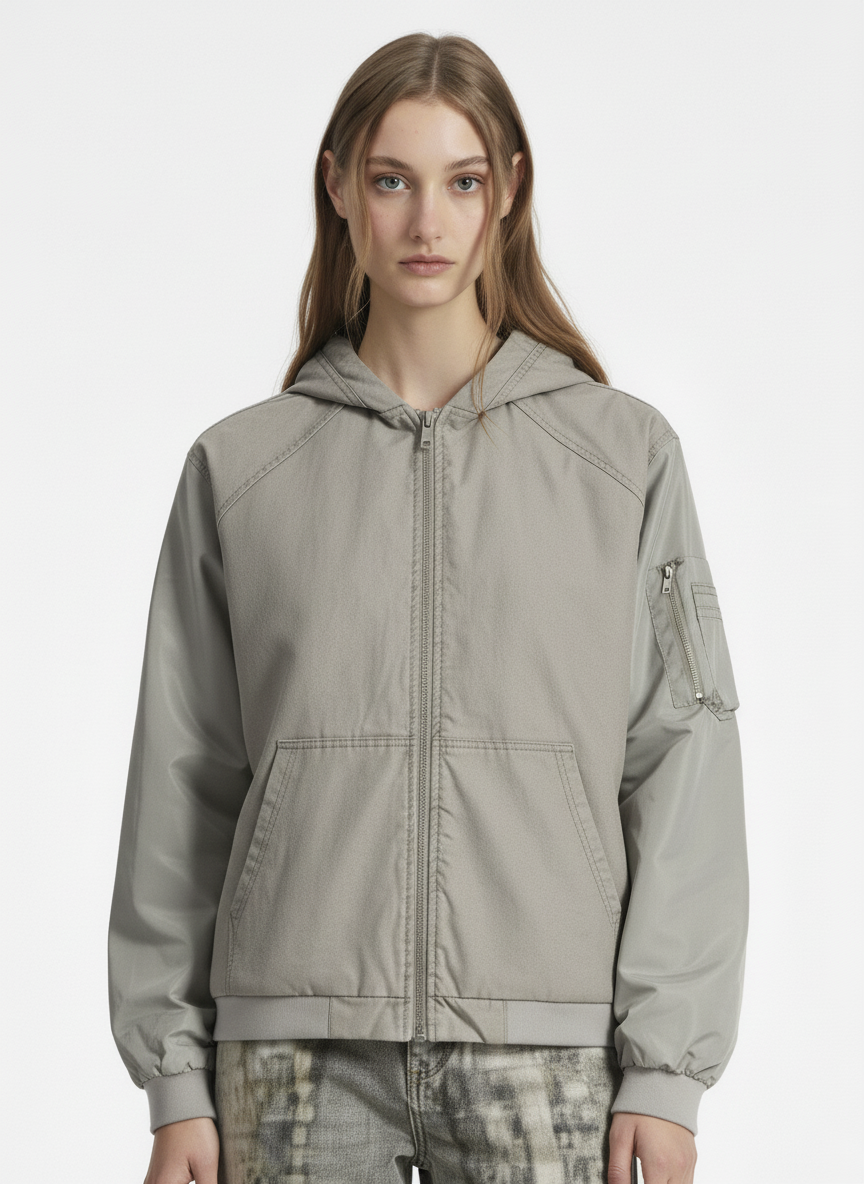 Vintage Washed Pleated Patchwork Hooded Bomber Jacket