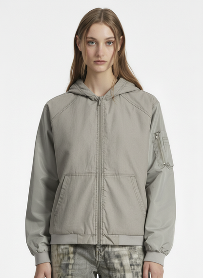 Vintage Washed Pleated Patchwork Hooded Bomber Jacket