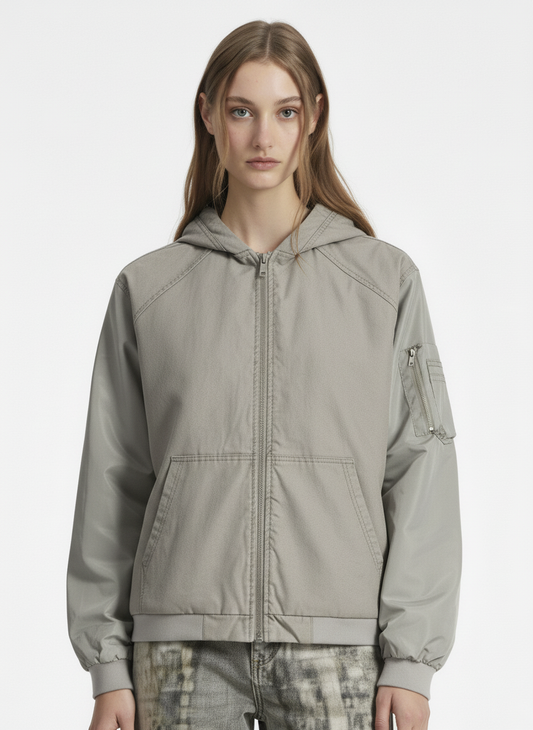 Vintage Washed Pleated Patchwork Hooded Bomber Jacket