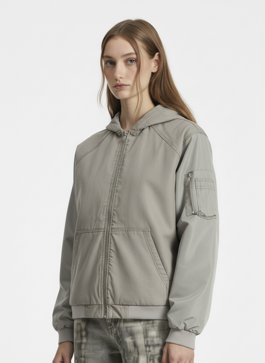 Vintage Washed Pleated Patchwork Hooded Bomber Jacket