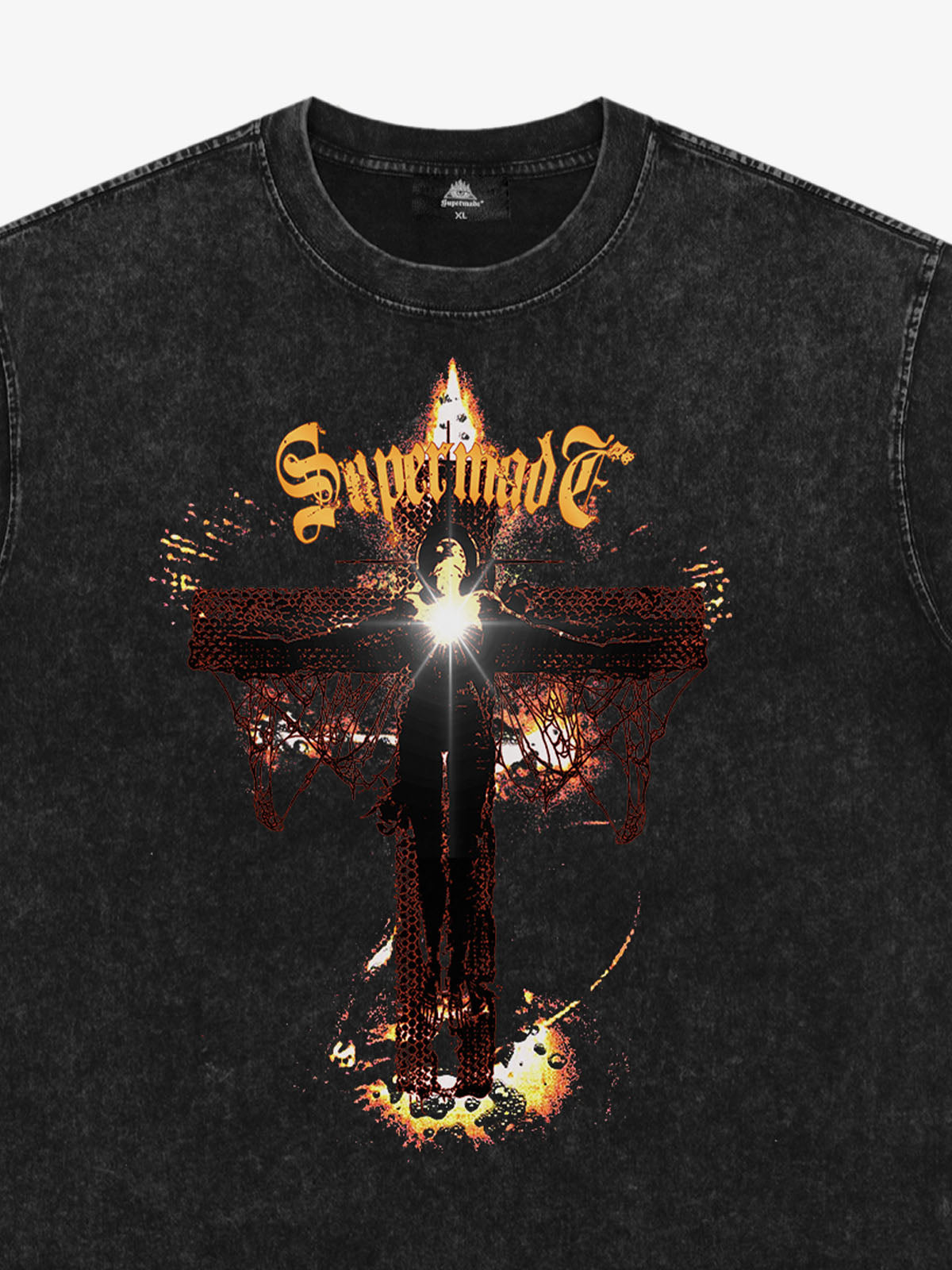 THE SUPERMADE Gothic Flame Cross Graphic T-Shirt for Bold Statement Wear 
