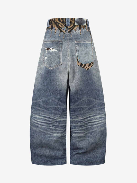 Denim Wide Leg Jeans with Tiger Print Patchwork and Ripped Details?