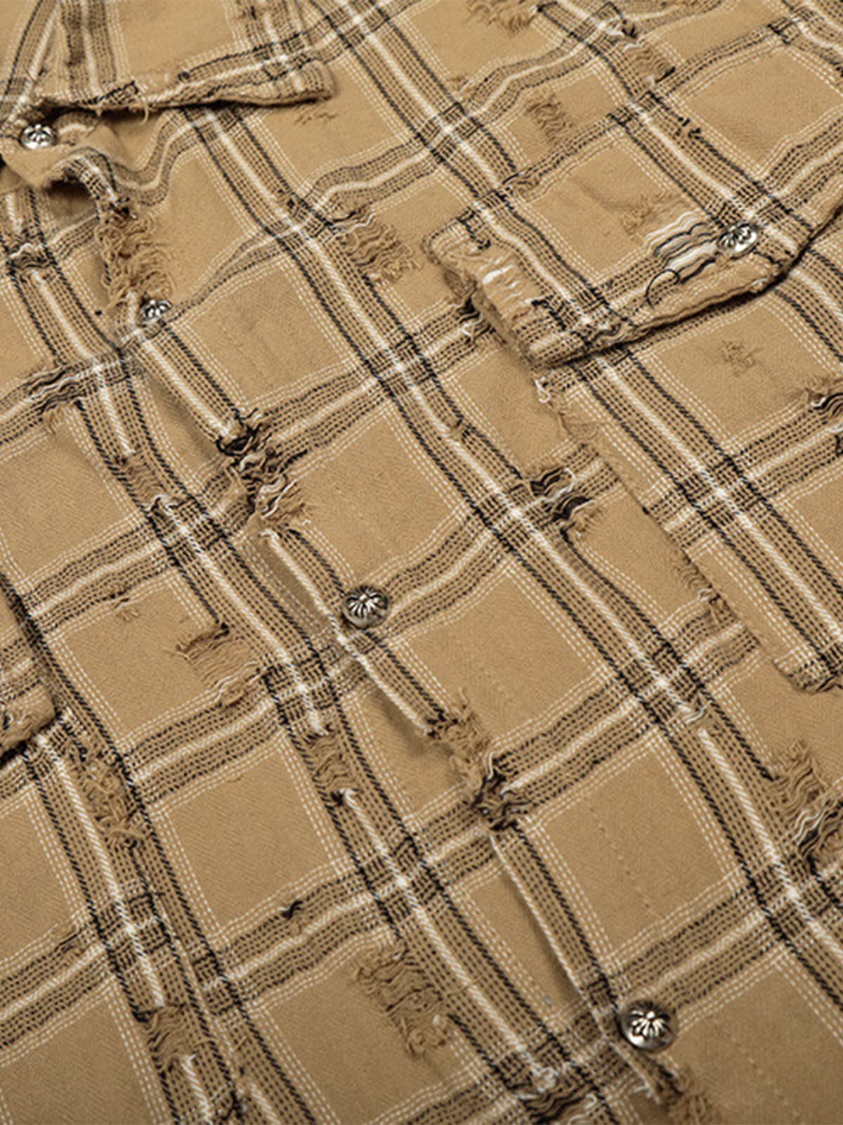 Ripped Plaid Cotton Long Sleeve Shirt for Men - Distressed Checkered Button-Up Casual overshirt?