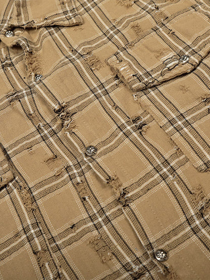 Ripped Plaid Cotton Long Sleeve Shirt for Men - Distressed Checkered Button-Up Casual overshirt?