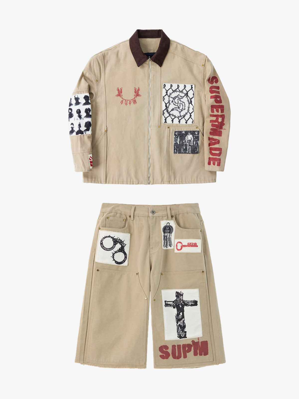 Supermade Multi-Element Appliqu¨¦ Patchwork Denim Suit?