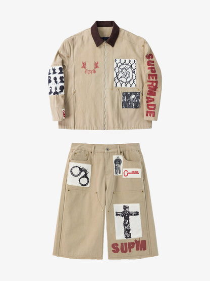 Supermade Multi-Element Appliqu¨¦ Patchwork Denim Suit?