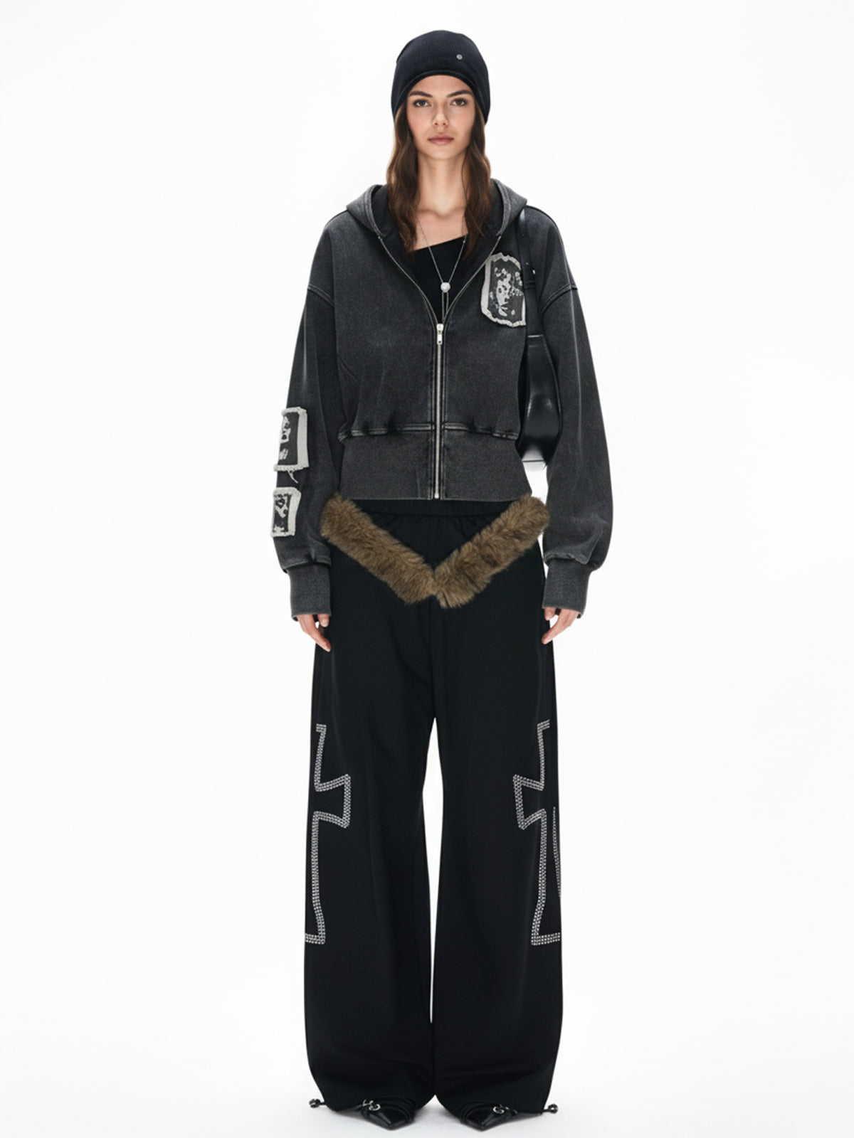 Distressed Washed Embroidered Zip-Up Hooded Jacket