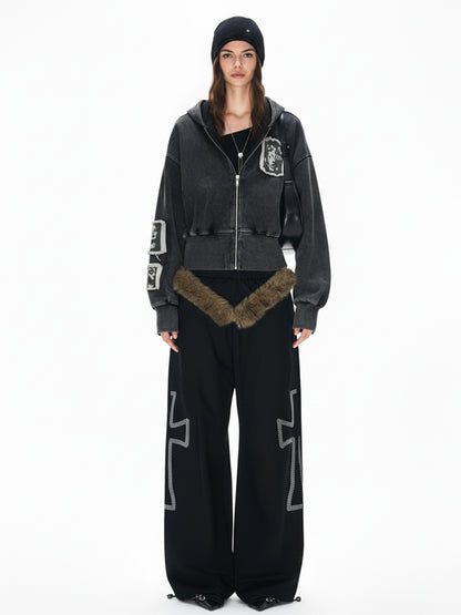 Distressed Washed Embroidered Zip-Up Hooded Jacket