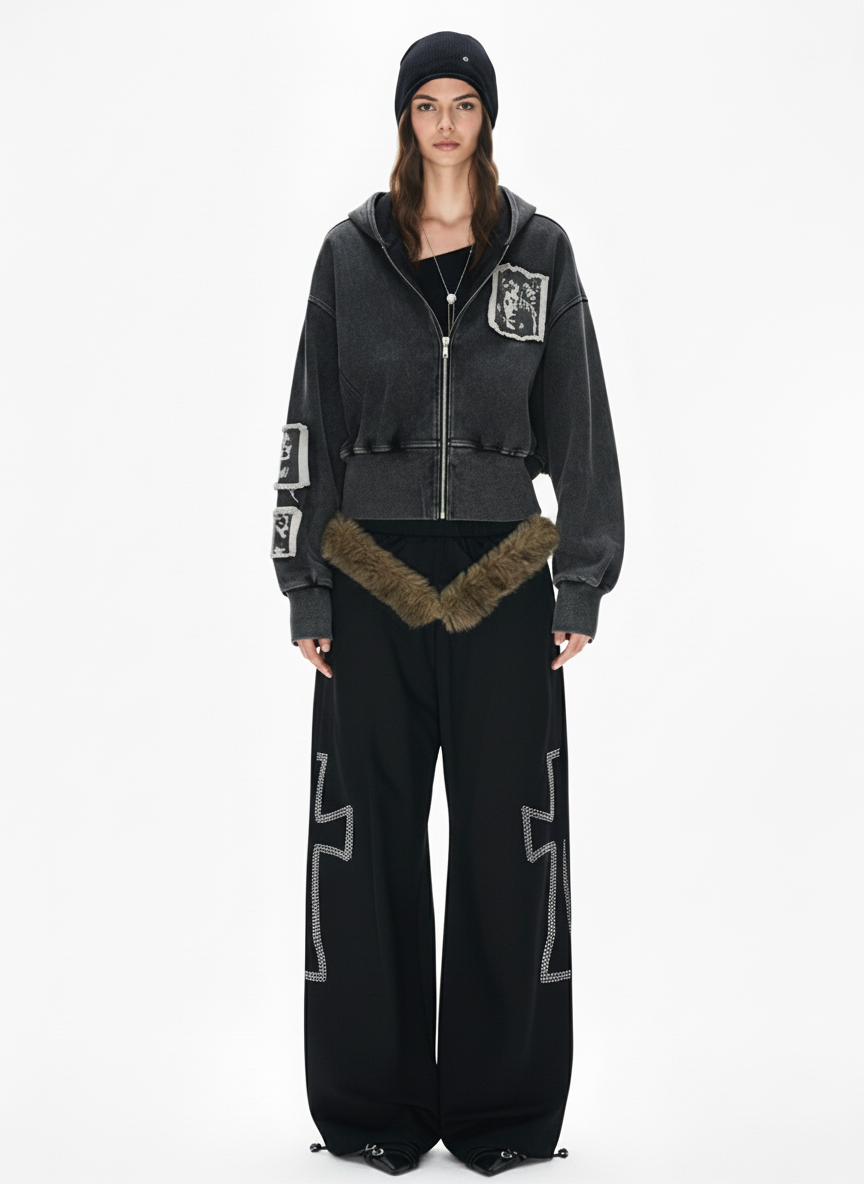 Distressed Washed Embroidered Zip-Up Hooded Jacket