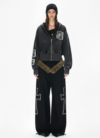 Distressed Washed Embroidered Zip-Up Hooded Jacket