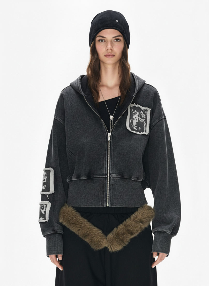 Distressed Washed Embroidered Zip-Up Hooded Jacket