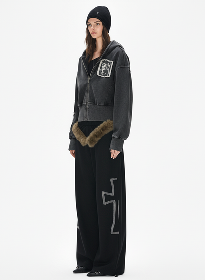 Distressed Washed Embroidered Zip-Up Hooded Jacket