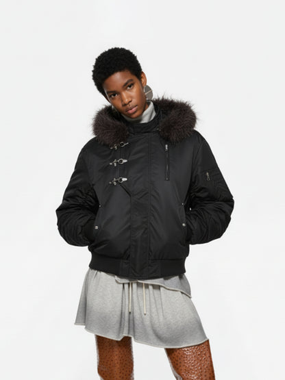 Detachable Faux Fur Collar Ruched Sleeve Bomber Jacket