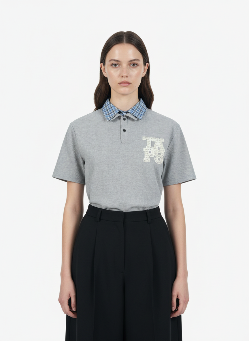 Retro Pearl Letter Plaid Collar Polo Shirt
