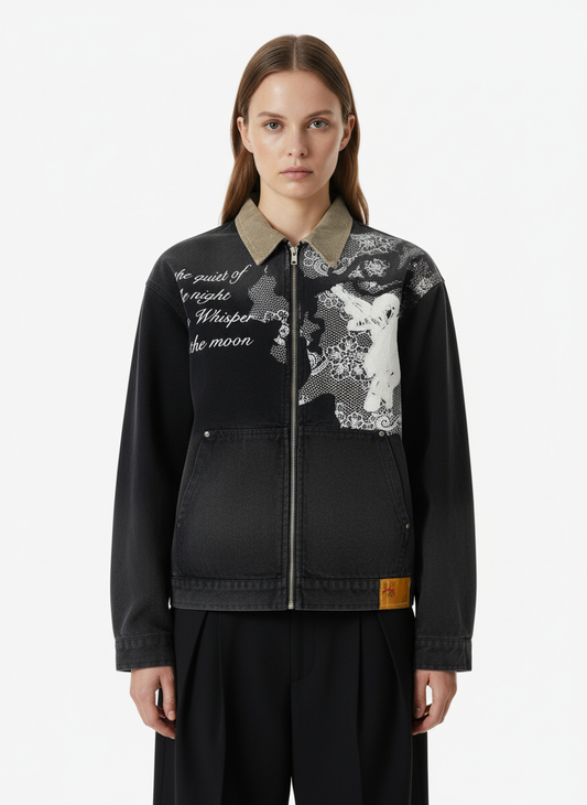 Vintage Lace Patchwork Angel Pattern Denim Jacket