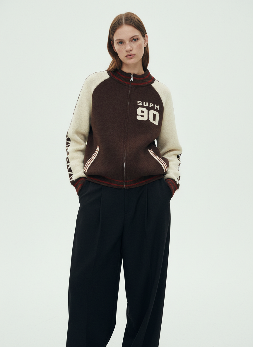 Retro Motorcycle Colorblock  Knitted Zip-up Sweater Jacket