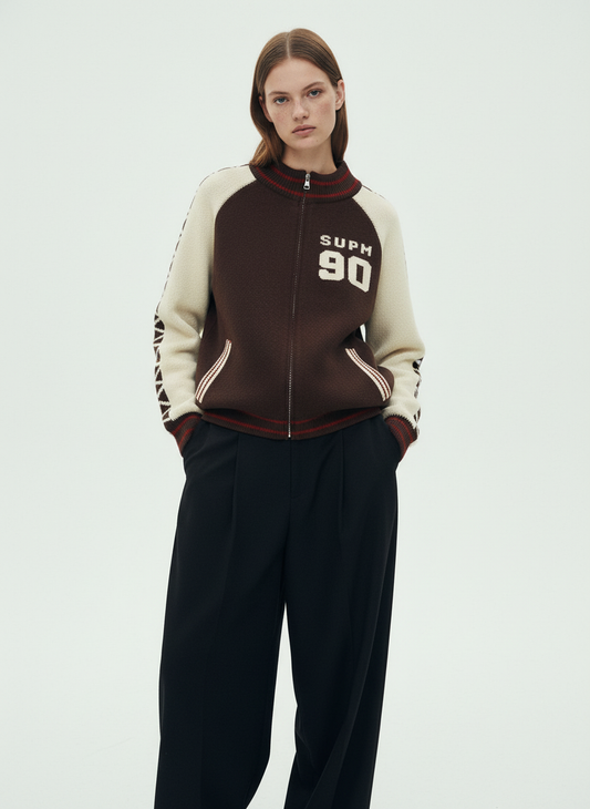 Retro Motorcycle Colorblock  Knitted Zip-up Sweater Jacket