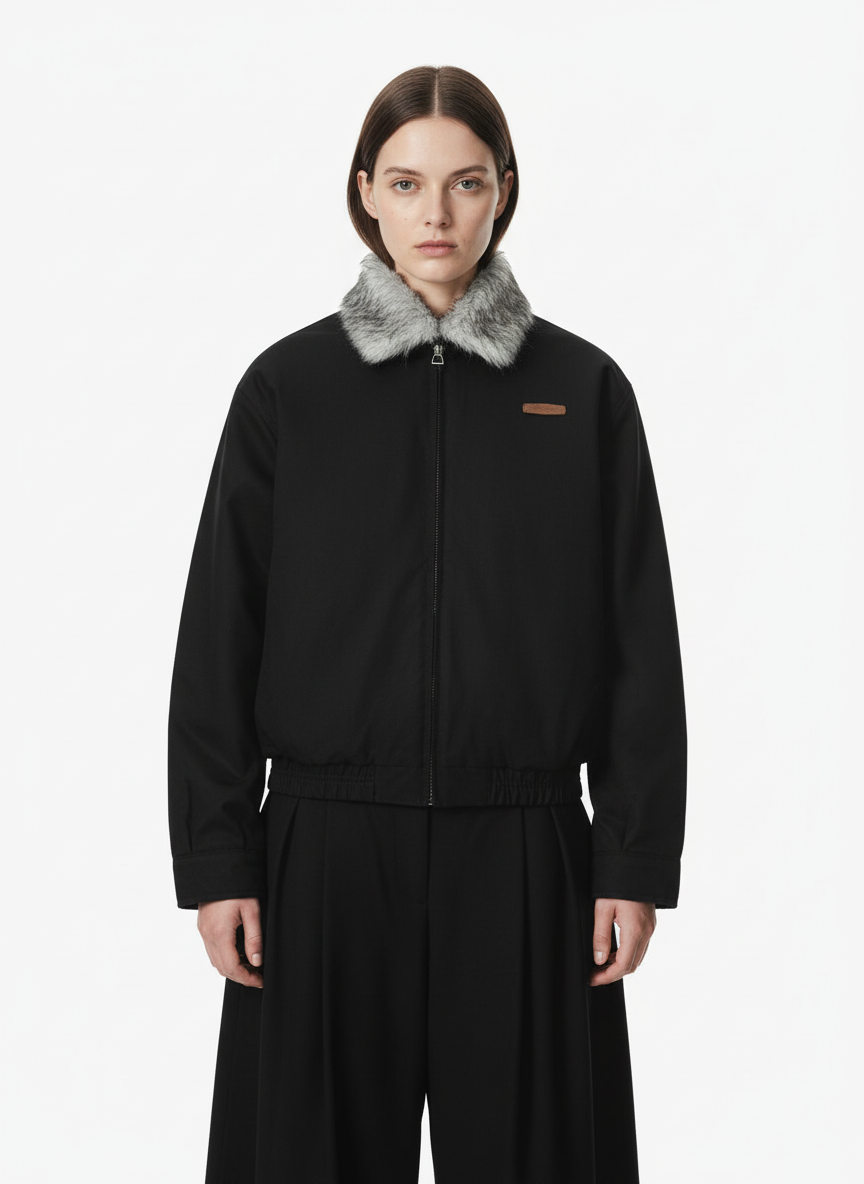 Vintage Stand Collar Fur Lined Bomber Jacket