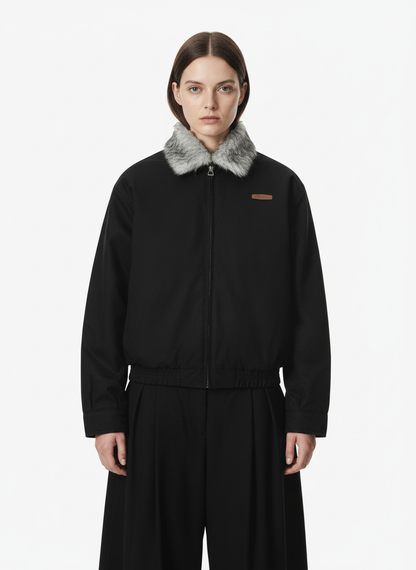 Vintage Stand Collar Fur Lined Bomber Jacket