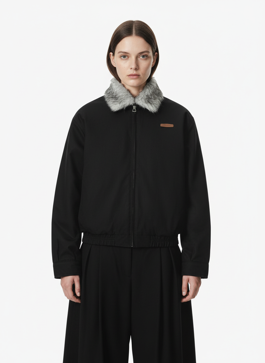 Vintage Stand Collar Fur Lined Bomber Jacket