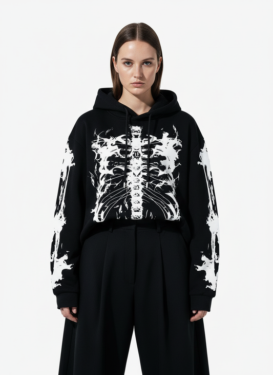 Street Washed Distressed Dark Skeletons Print Hoodie