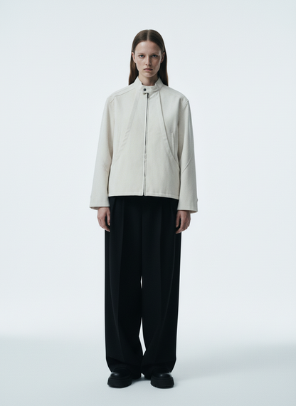 Deconstructed Split Stand Collar PU Leather Jacket