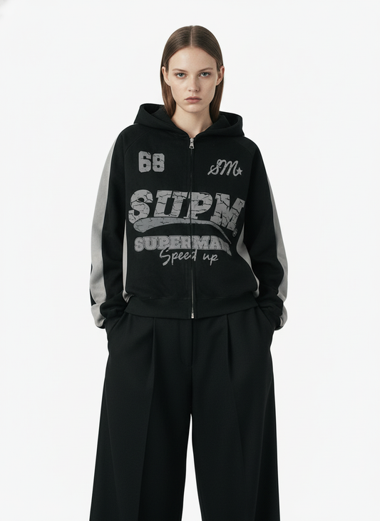 Suede Foam Letter Patchwork Zipper Shorts Jacket