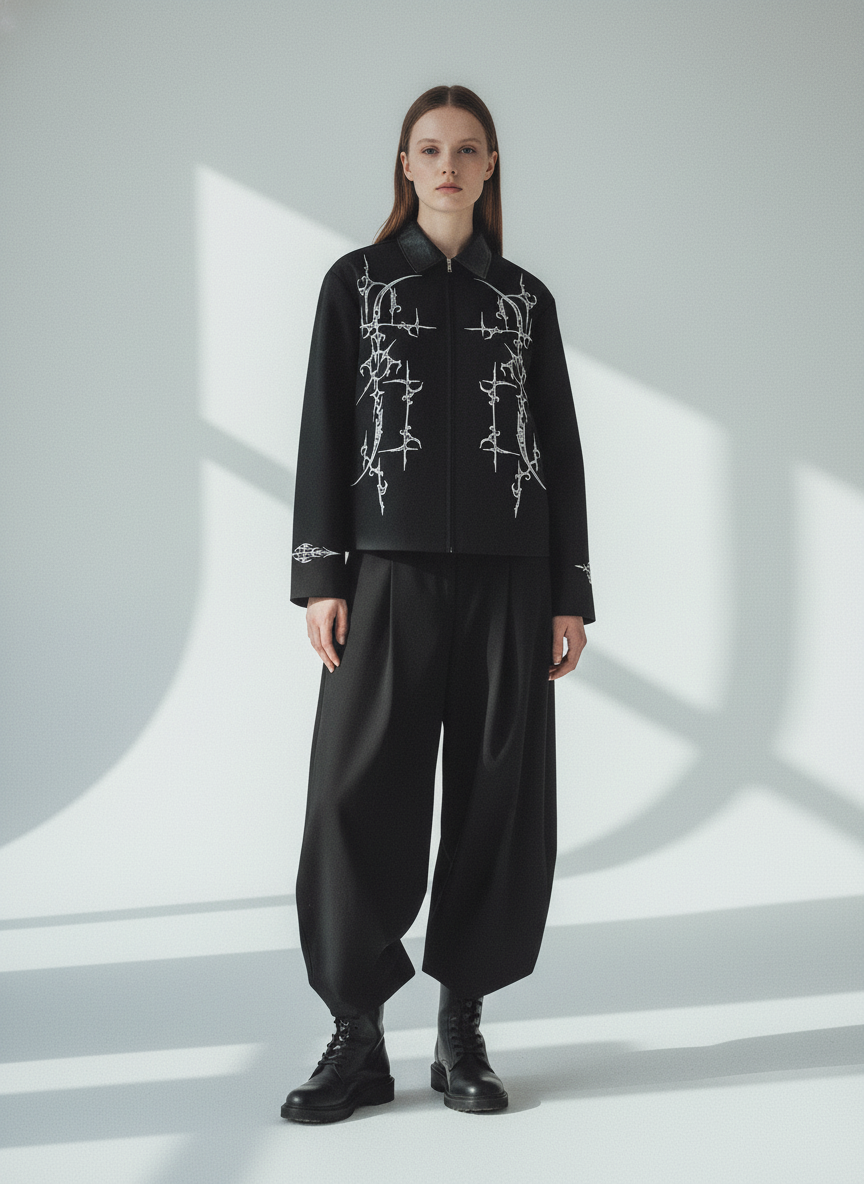 Street Gothic PU Leather Collar With Thorn Print Jacket